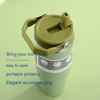 Portable Stainless Steel Travel Cup w/ Handle & Straw: Keeps Drinks Hot or Cold (Gym, Travel, Coffee)