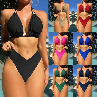 LAURENJAY Swim Summer Beach Halter Triangle High Cut Bikini Set