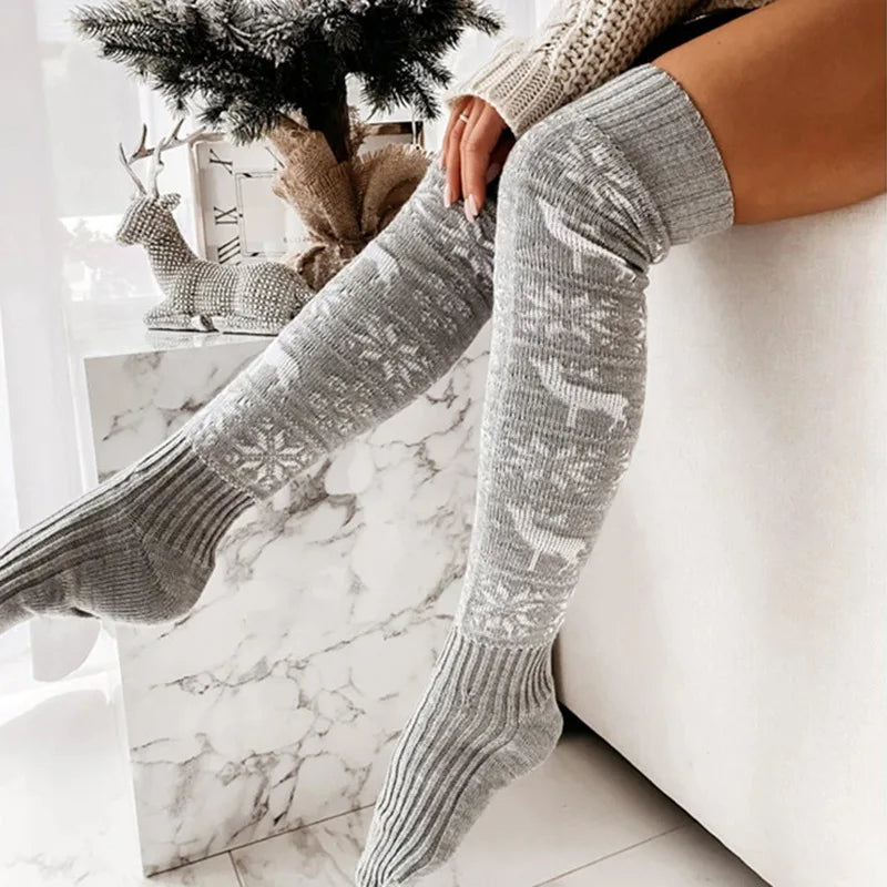 Christmas Elk Snowflakes Over-the-Knee Warm Socks for Women