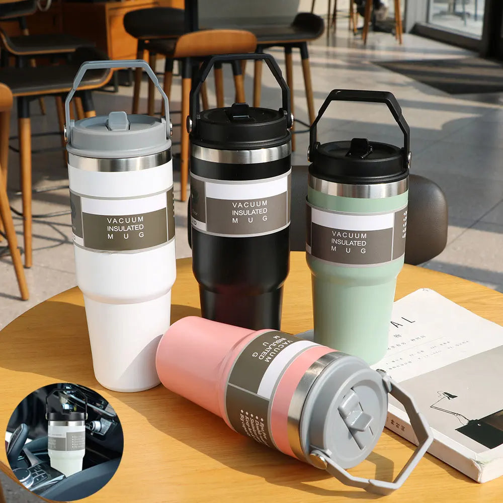 Portable Stainless Steel Travel Cup w/ Handle & Straw: Keeps Drinks Hot or Cold (Gym, Travel, Coffee)