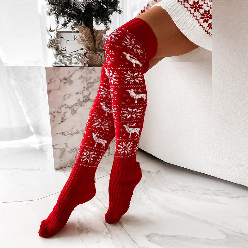 Christmas Elk Snowflakes Over-the-Knee Warm Socks for Women