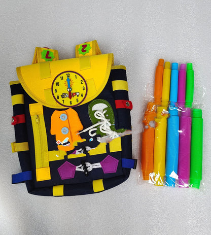 Smartiepack ! Sensory Busy Board Backpack. Buckles & Learning Activity Toys For Kids To Develop Basic Life Skills.